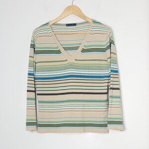 Point Zero Multicolor Stripes V-Neck Cotton Blend Lightweight Pullover Sweater